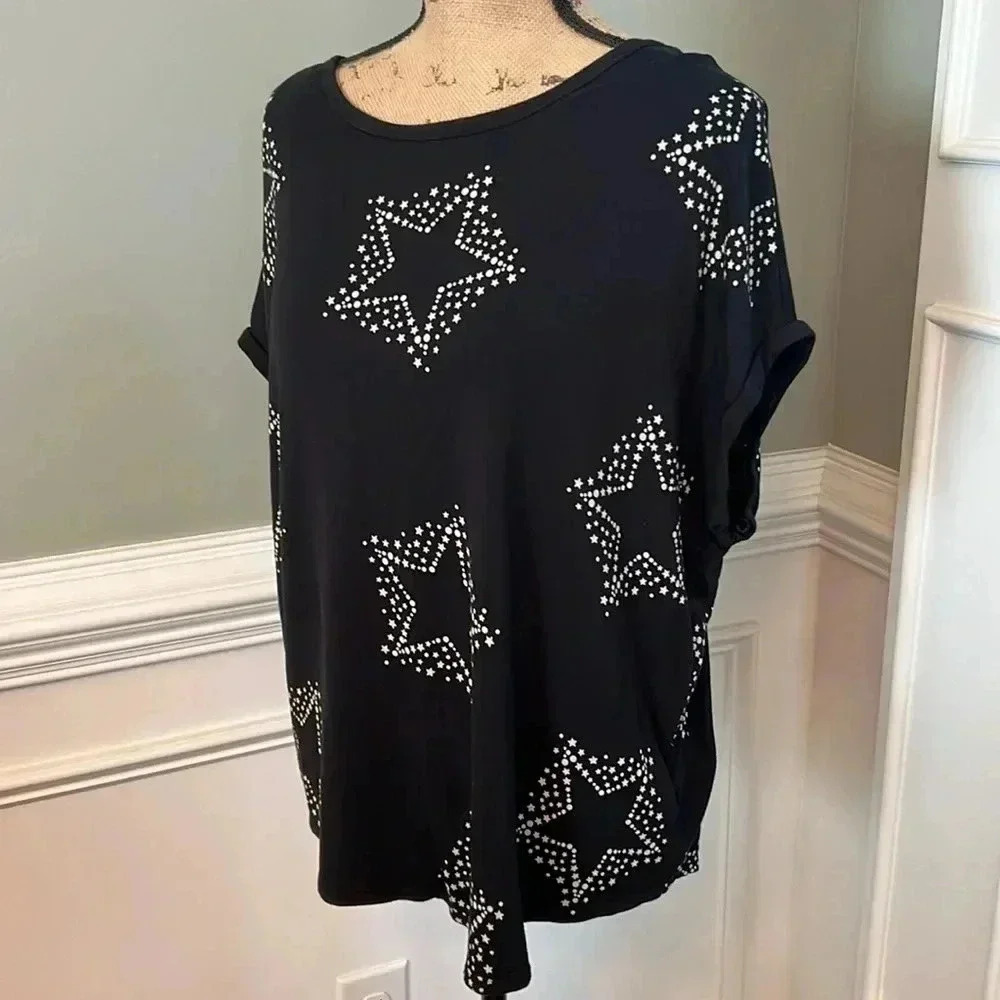 Buffalo David Britton - Black Short Sleeve Star Print Top - Size Large - Picture 4 of 10